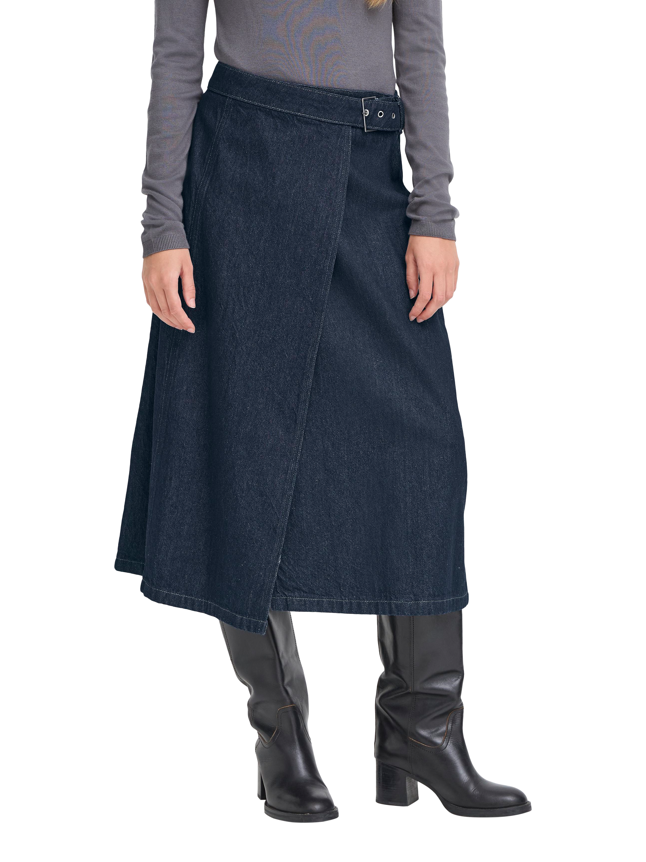 Product image 1 of 7, which shows ICHI Denim Wrap Midi Skirt, Authentic Blue, 8
