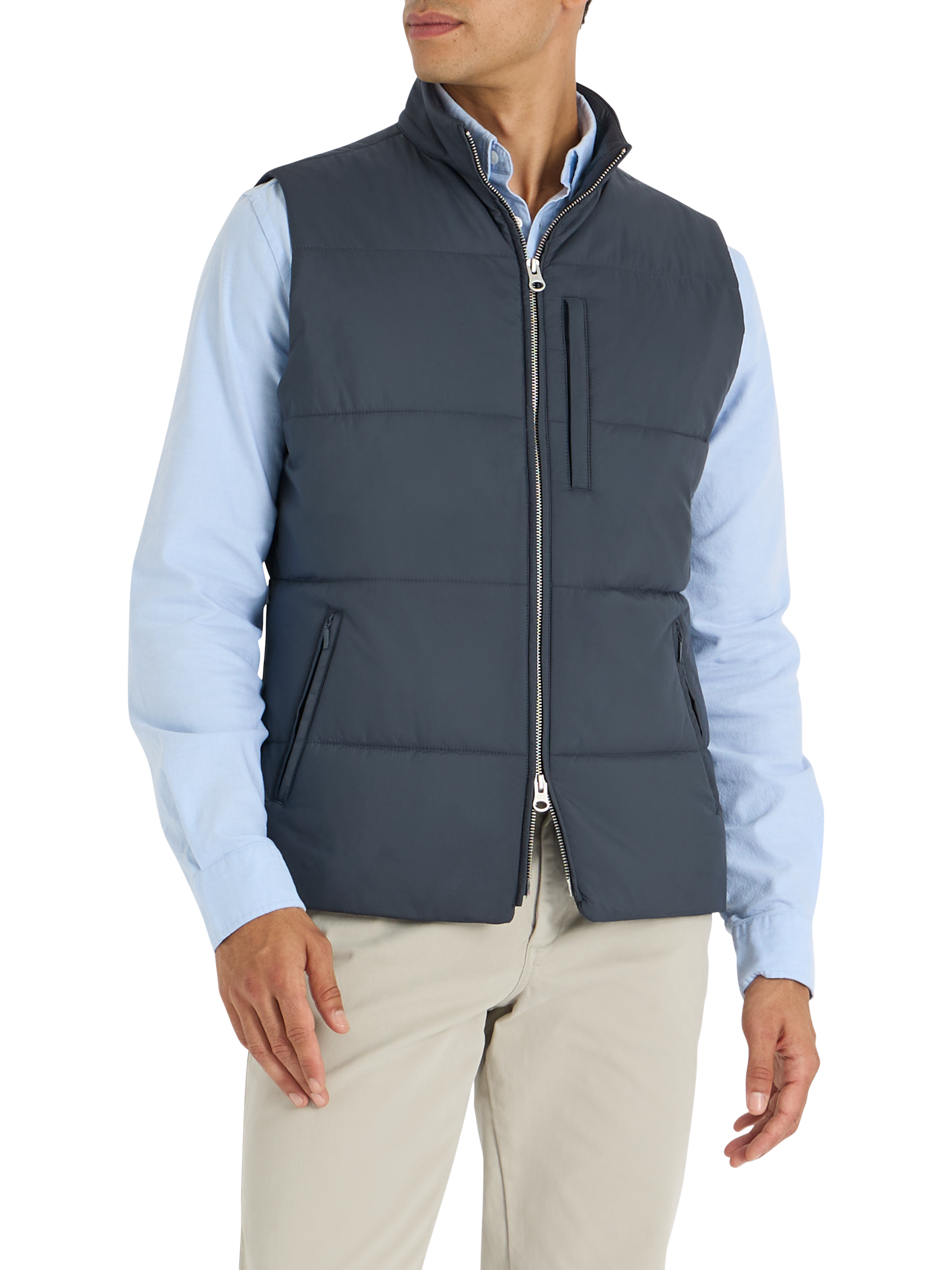 Product image 1 of 8, which shows SPOKE Slim Fit Zip Front Gilet, Dark Navy, S Sht