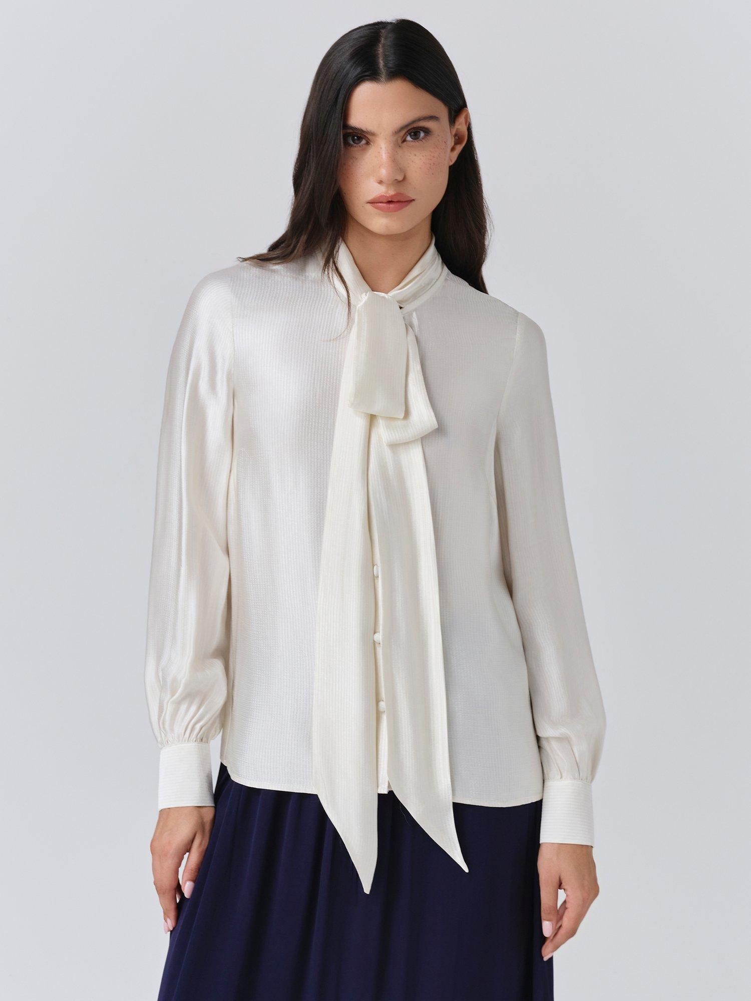 Product image 1 of 5, which shows Ghost Anna Tie Neck Satin Shirt, Ivory, XS
