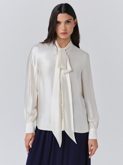 Ghost Anna Tie Neck Satin Shirt, Ivory, Ivory