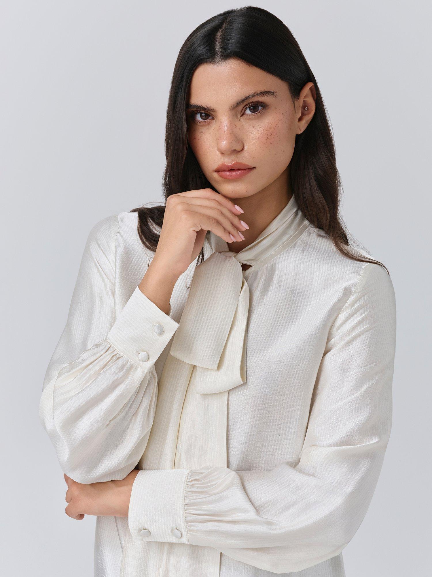 Product image 2 of 5, which shows Ghost Anna Tie Neck Satin Shirt, Ivory, XS