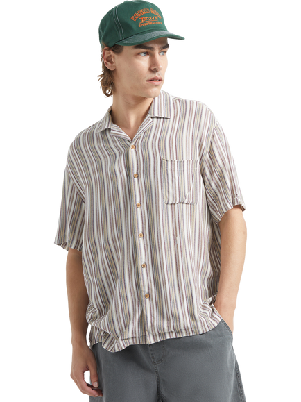 Brixton Bunker Stripe Woven Short Sleeve Stripe Shirt, Robust Red, Robust Red