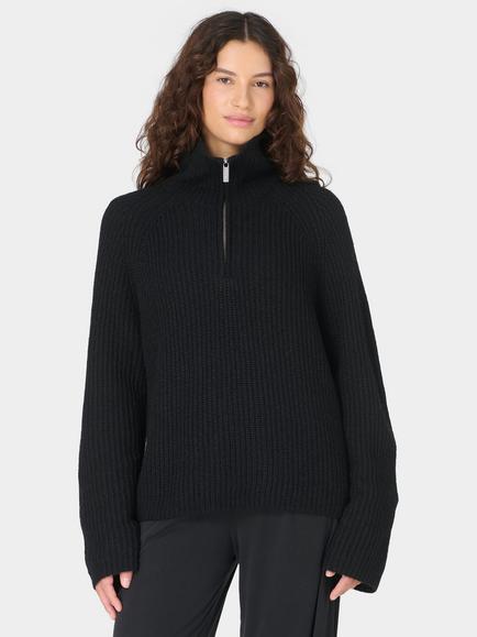 Sweaty Betty Knitted Funnel Neck Half Zip Wool Blend Jumper, Black, Black