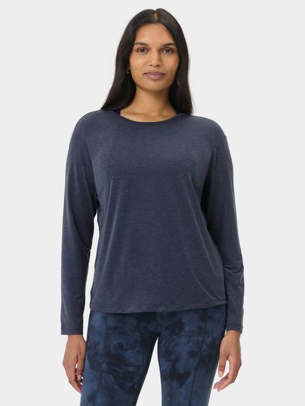 Sweaty Betty Soft Flow Strappy Back Boxy Long Sleeve Top, Nerine Pink, Navy Blue