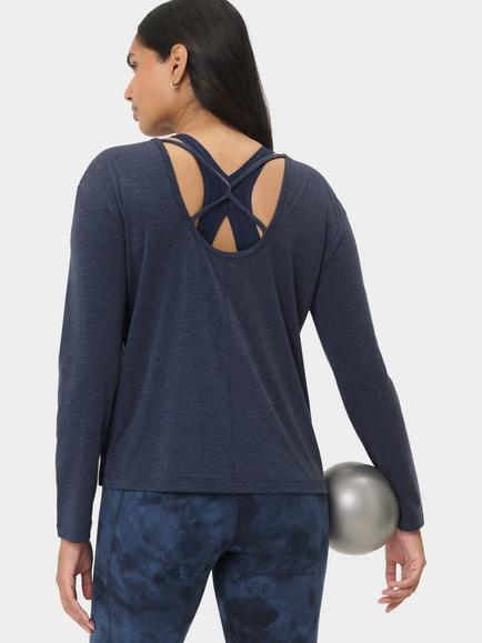 Sweaty Betty Soft Flow Strappy Back Boxy Long Sleeve Top, Nerine Pink - view 2, Navy Blue