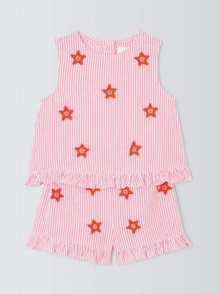 John Lewis Baby Starfish Ticking Stripe Playsuit, Pink, Pink