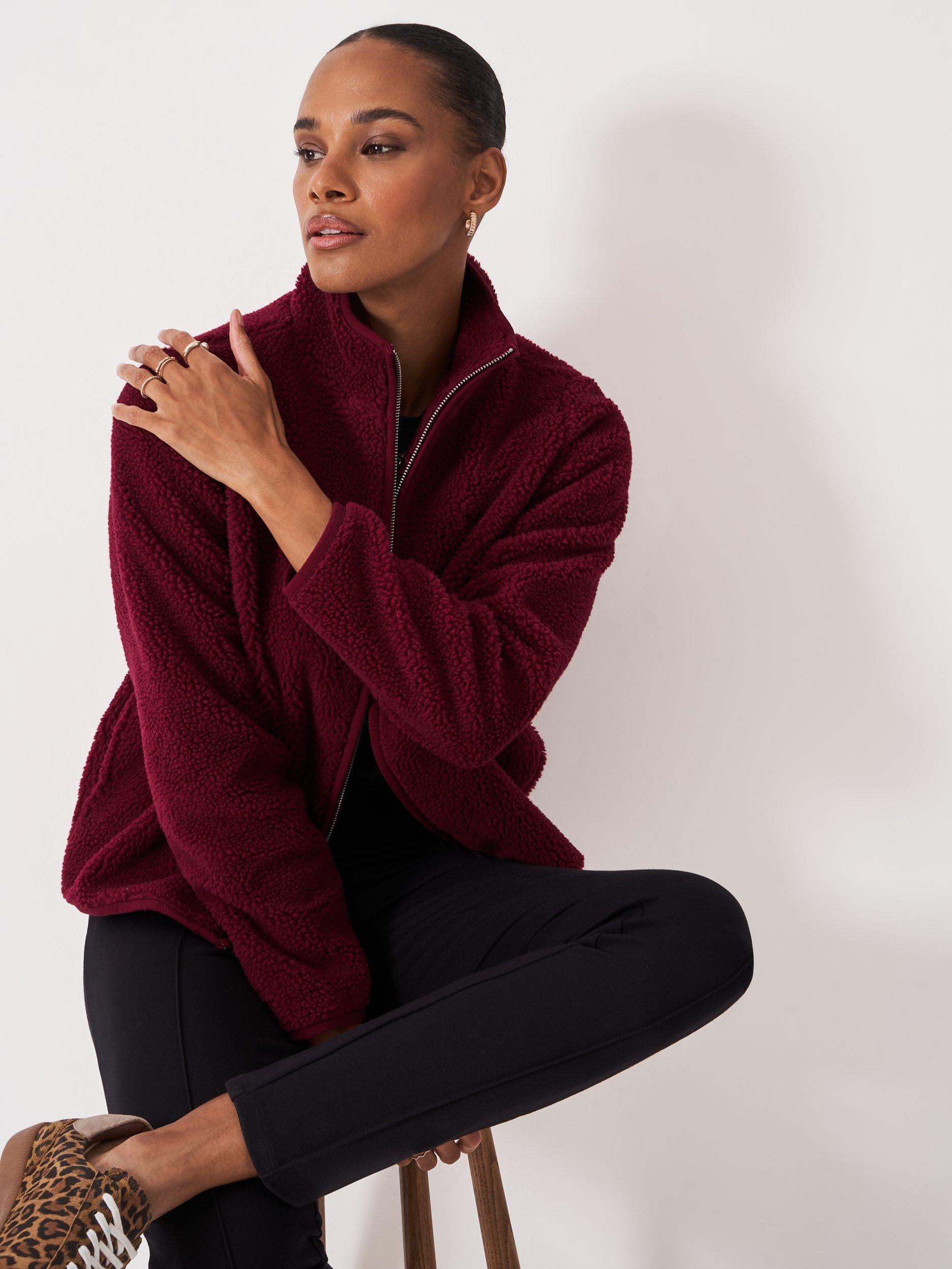 Product image 1 of 5, which shows Crew Clothing Borg Zip Through Fleece, Dark Red, 10