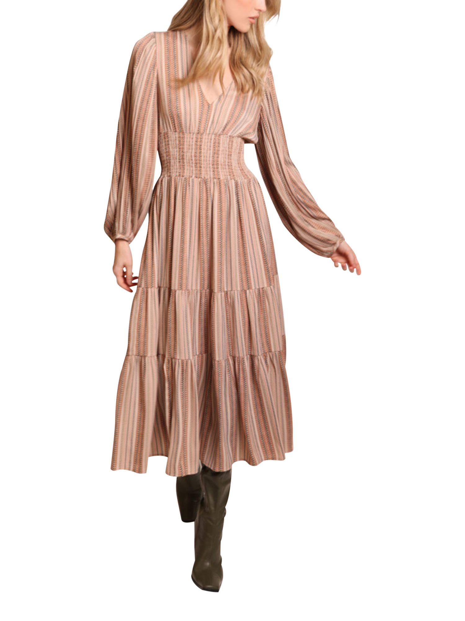Product image 1 of 6, which shows Traffic People Whisper Folklore Stripe Midi Dress, Brown, XS