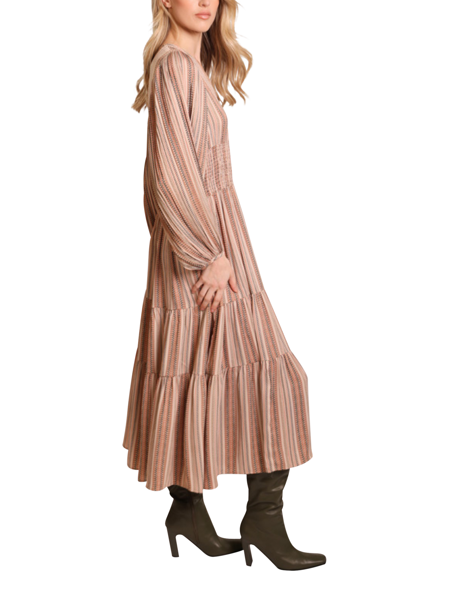 Product image 2 of 6, which shows Traffic People Whisper Folklore Stripe Midi Dress, Brown, XS