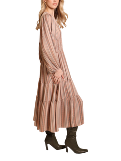 Traffic People Whisper Folklore Stripe Midi Dress, Brown - view 2, Brown