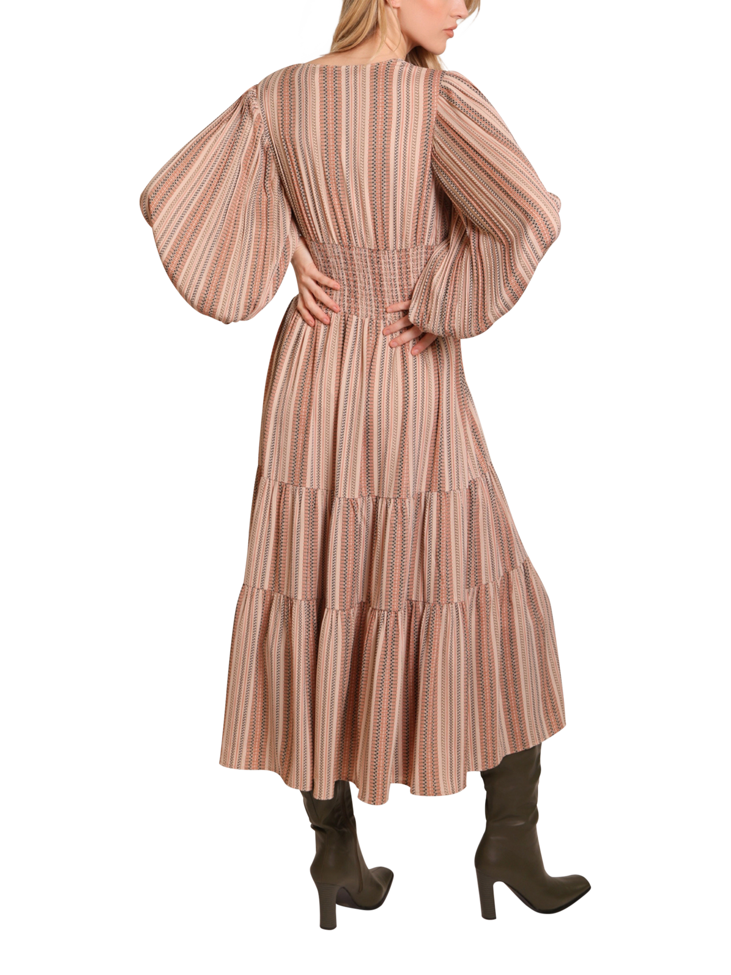 Product image 3 of 6, which shows Traffic People Whisper Folklore Stripe Midi Dress, Brown, XS