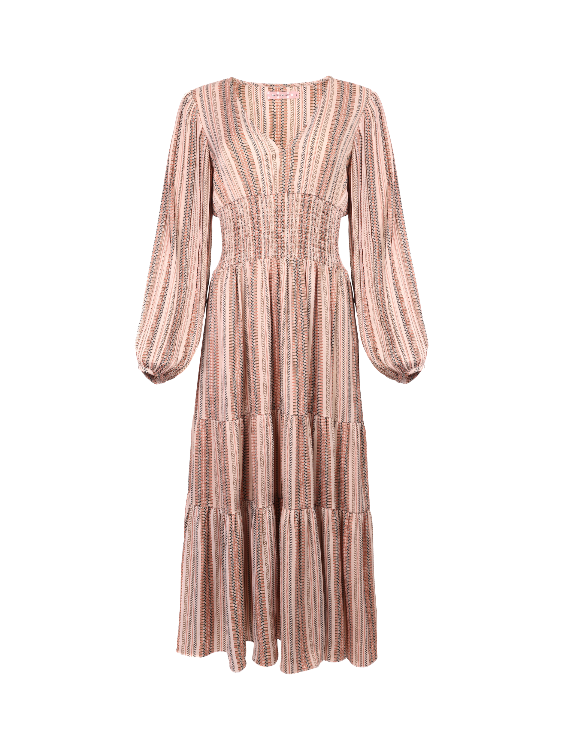 Product image 5 of 6, which shows Traffic People Whisper Folklore Stripe Midi Dress, Brown, XS