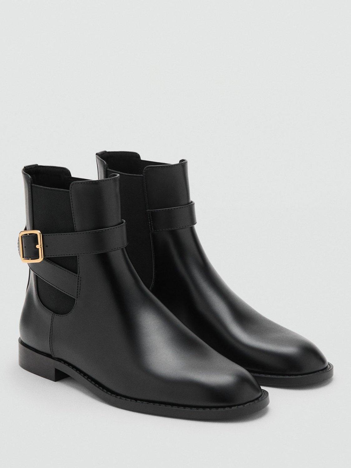 Product image 2 of 5, which shows Mango Piero Faux Leather Panel Buckle Ankle Boots, Black, 3