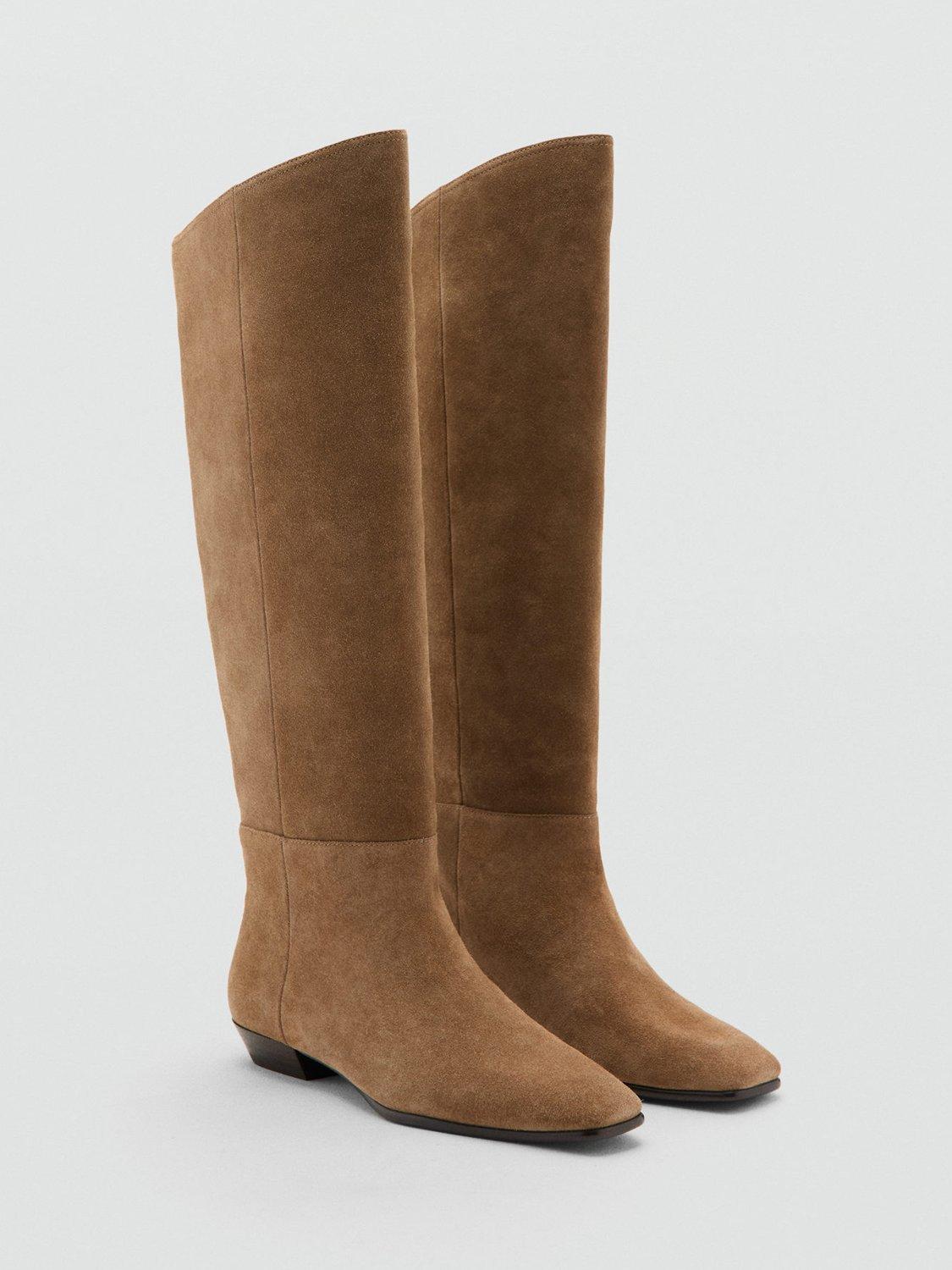 Product image 2 of 5, which shows Mango Soria Suede Block Heel Calf Boots, Pastel Brown, 2