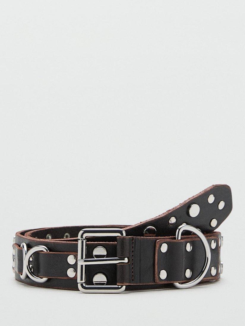 Mango Ada Studded Leather Belt, Dark Brown