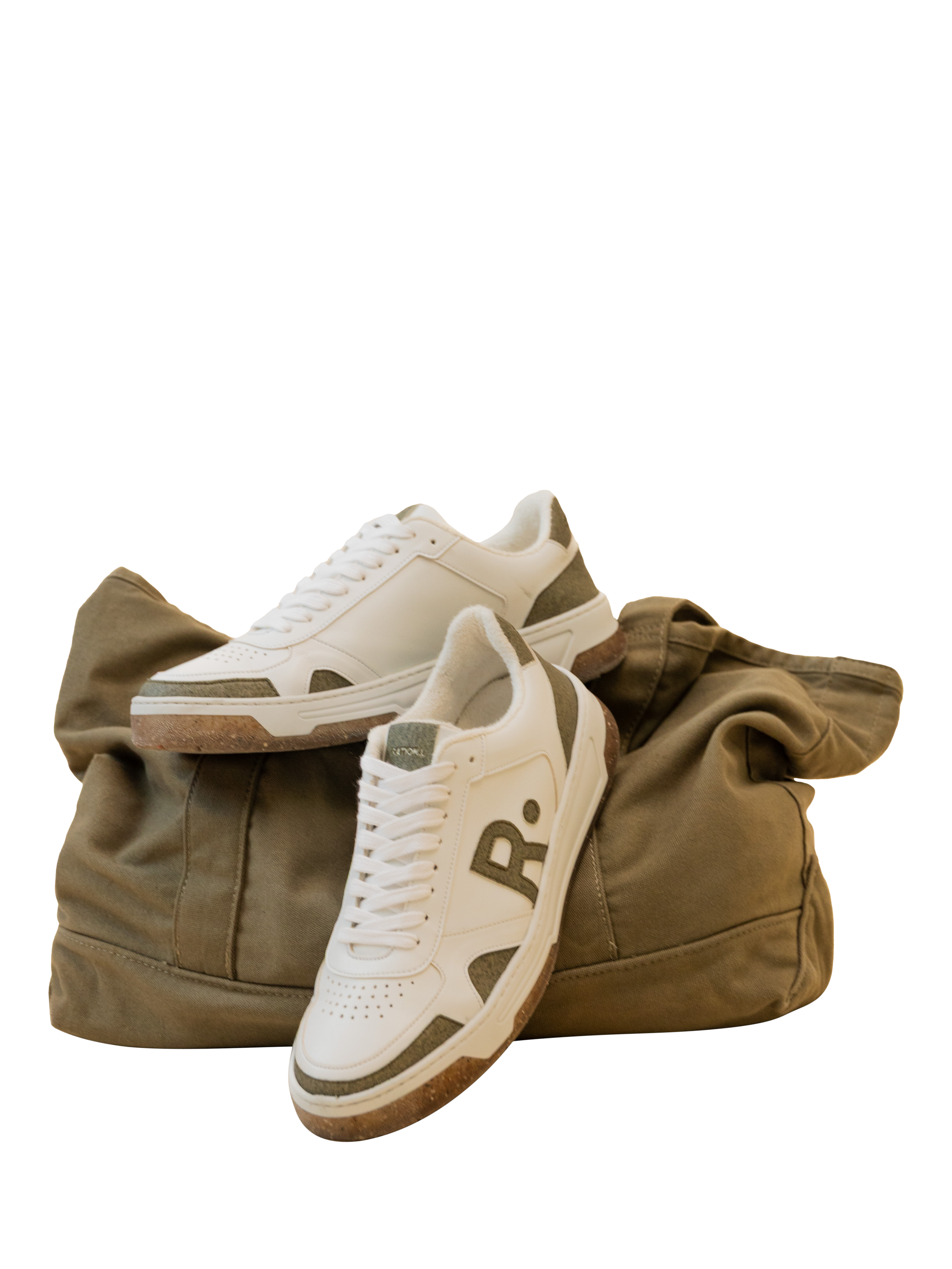 Product image 3 of 5, which shows RATION.L R-THRIVE Unisex Vegan Leather Trainers, White/Green, 3