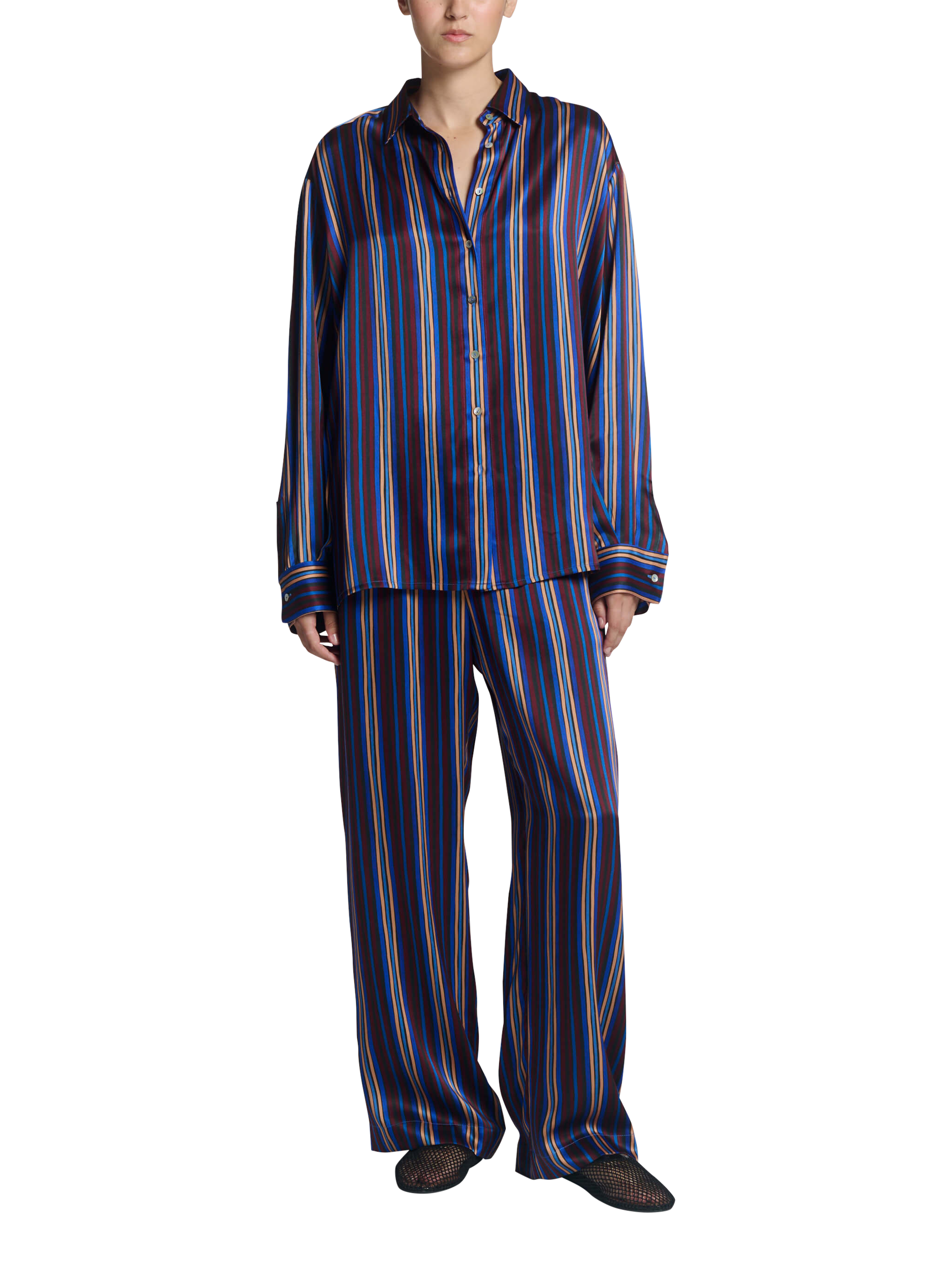 Product image 1 of 5, which shows ASCENO Maya Stripe Pure Silk Shirt, Multi, S