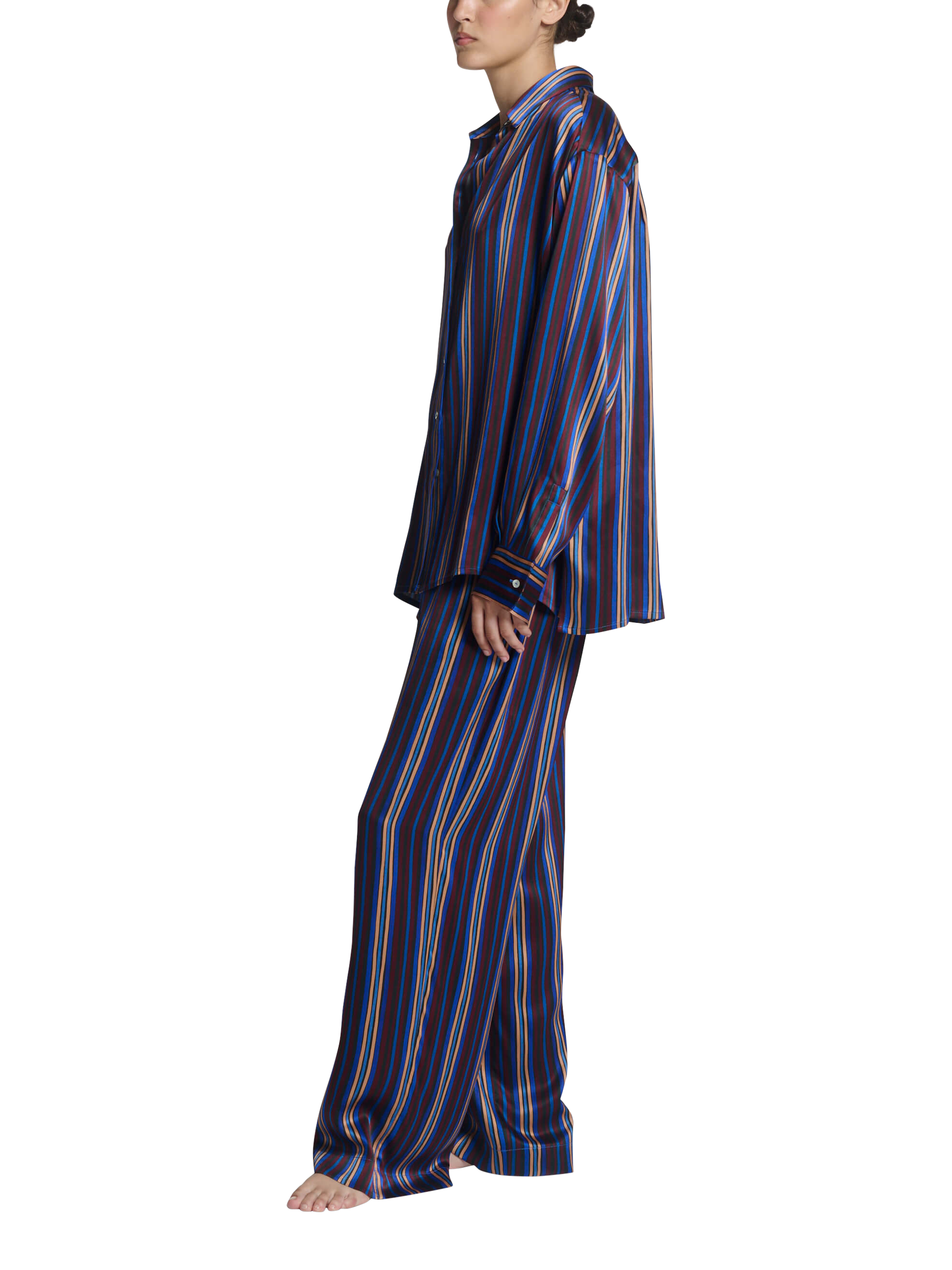 Product image 2 of 5, which shows ASCENO Maya Stripe Pure Silk Shirt, Multi, S