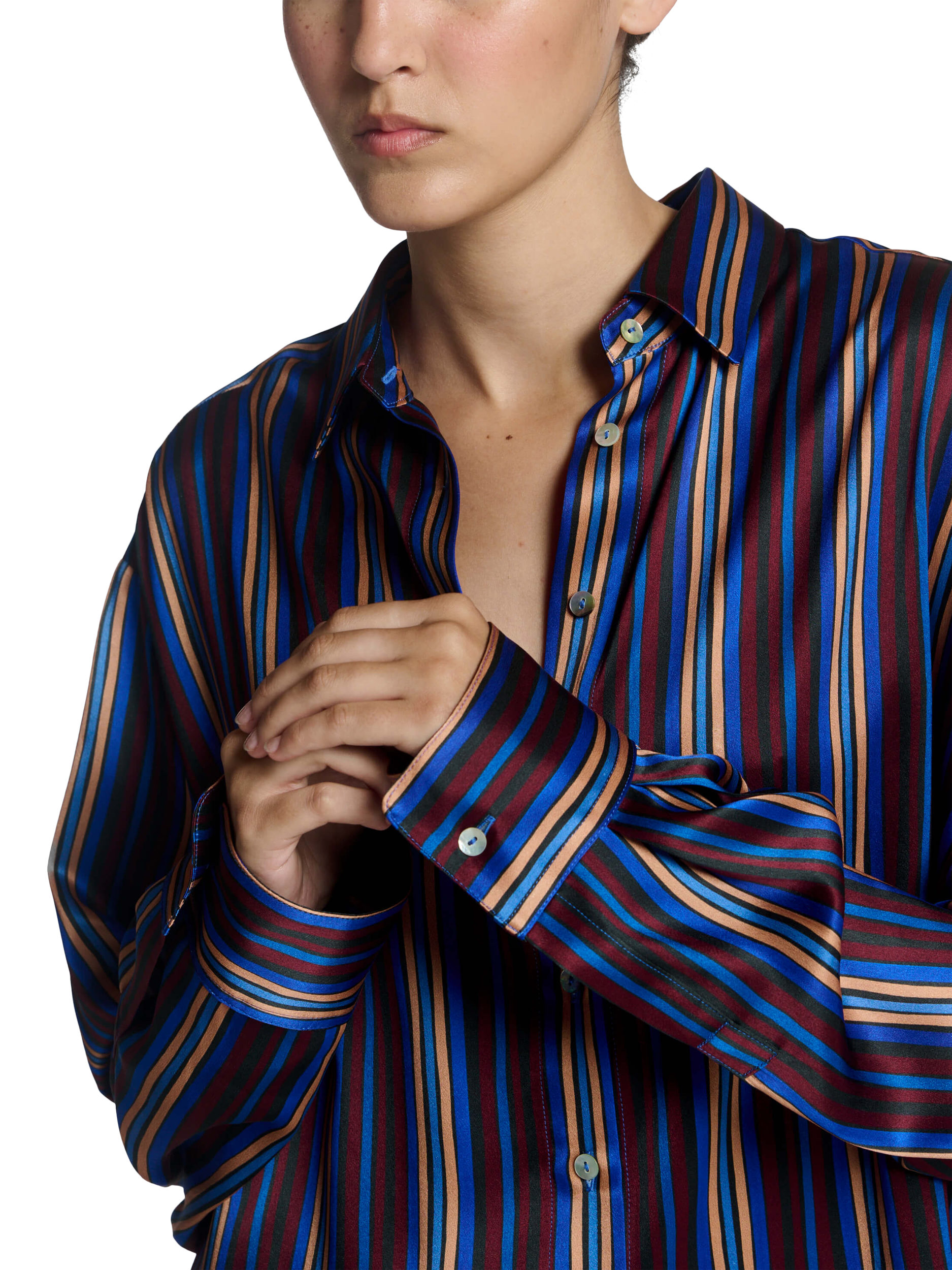 Product image 5 of 5, which shows ASCENO Maya Stripe Pure Silk Shirt, Multi, S