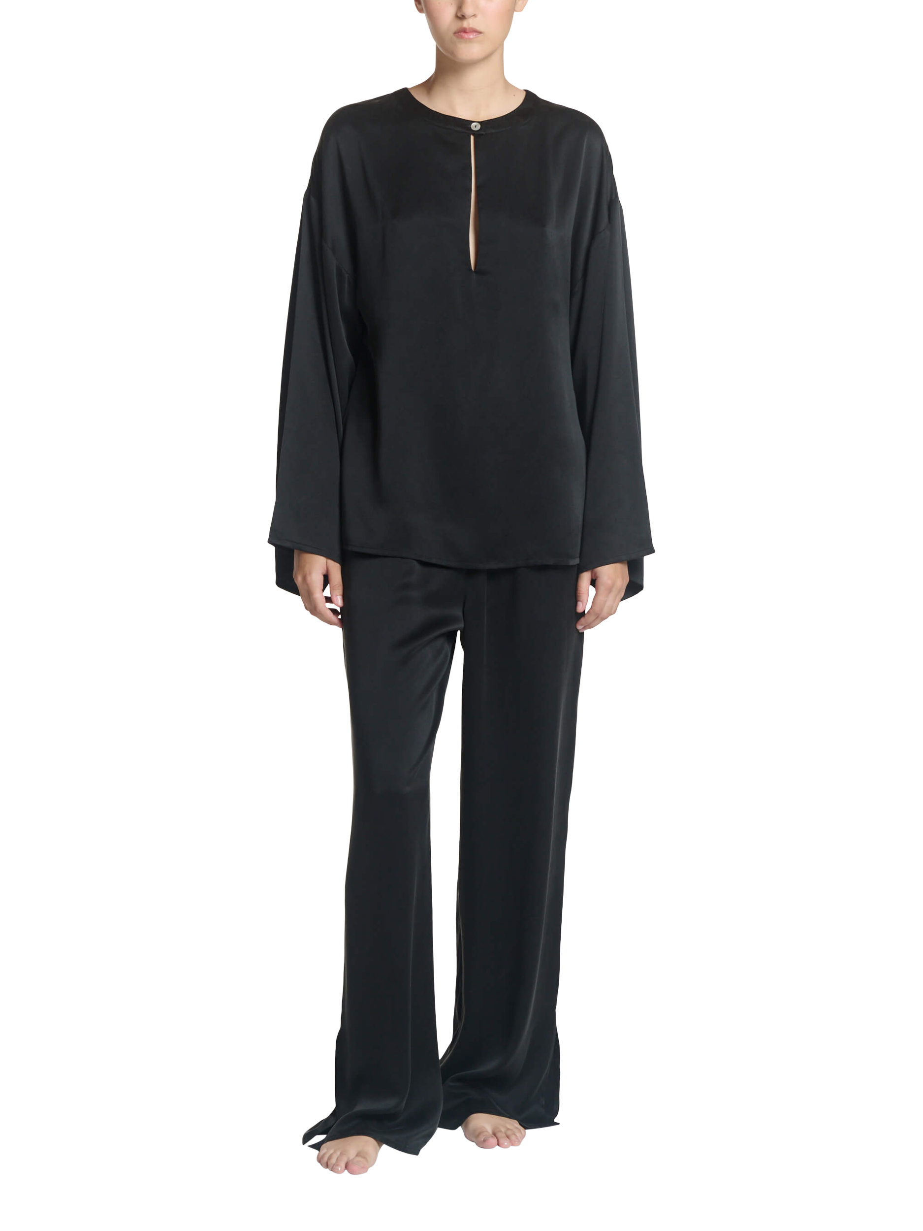 Product image 1 of 6, which shows ASCENO Keyhole Fluted Sleeve Pure Silk Top, Black, S