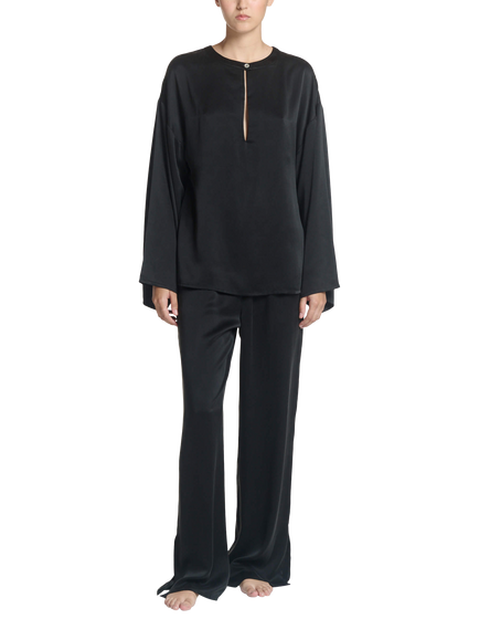 ASCENO Keyhole Fluted Sleeve Pure Silk Top, Black, Black