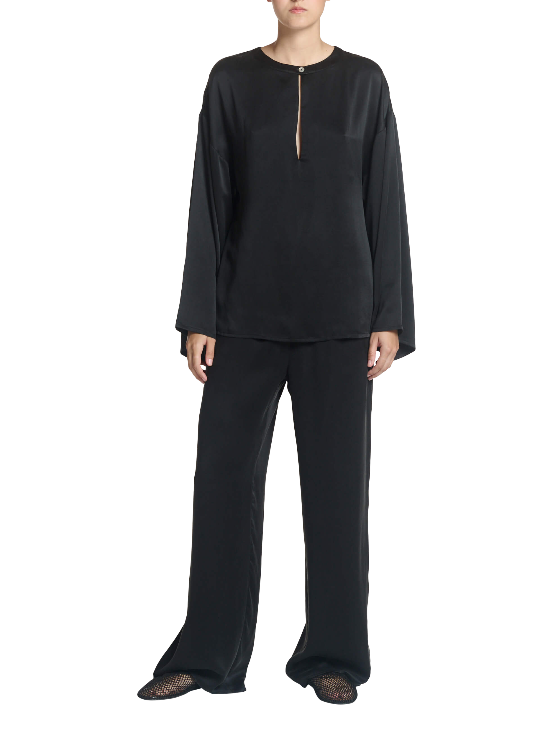 Product image 2 of 6, which shows ASCENO Keyhole Fluted Sleeve Pure Silk Top, Black, S