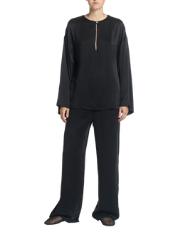 ASCENO Keyhole Fluted Sleeve Pure Silk Top, Black - view 2, Black