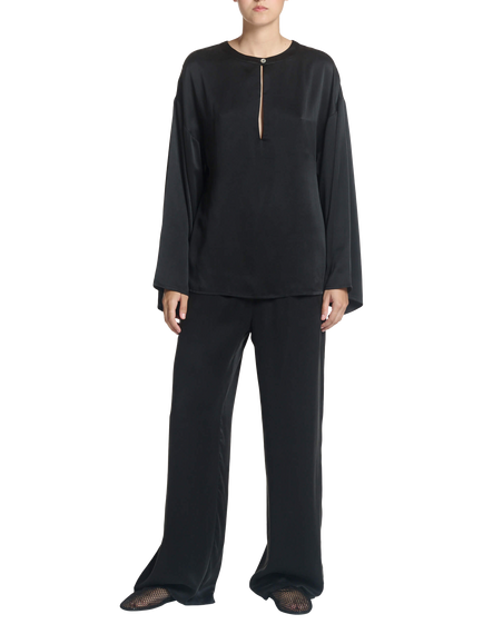 ASCENO Keyhole Fluted Sleeve Pure Silk Top, Black - view 2, Black