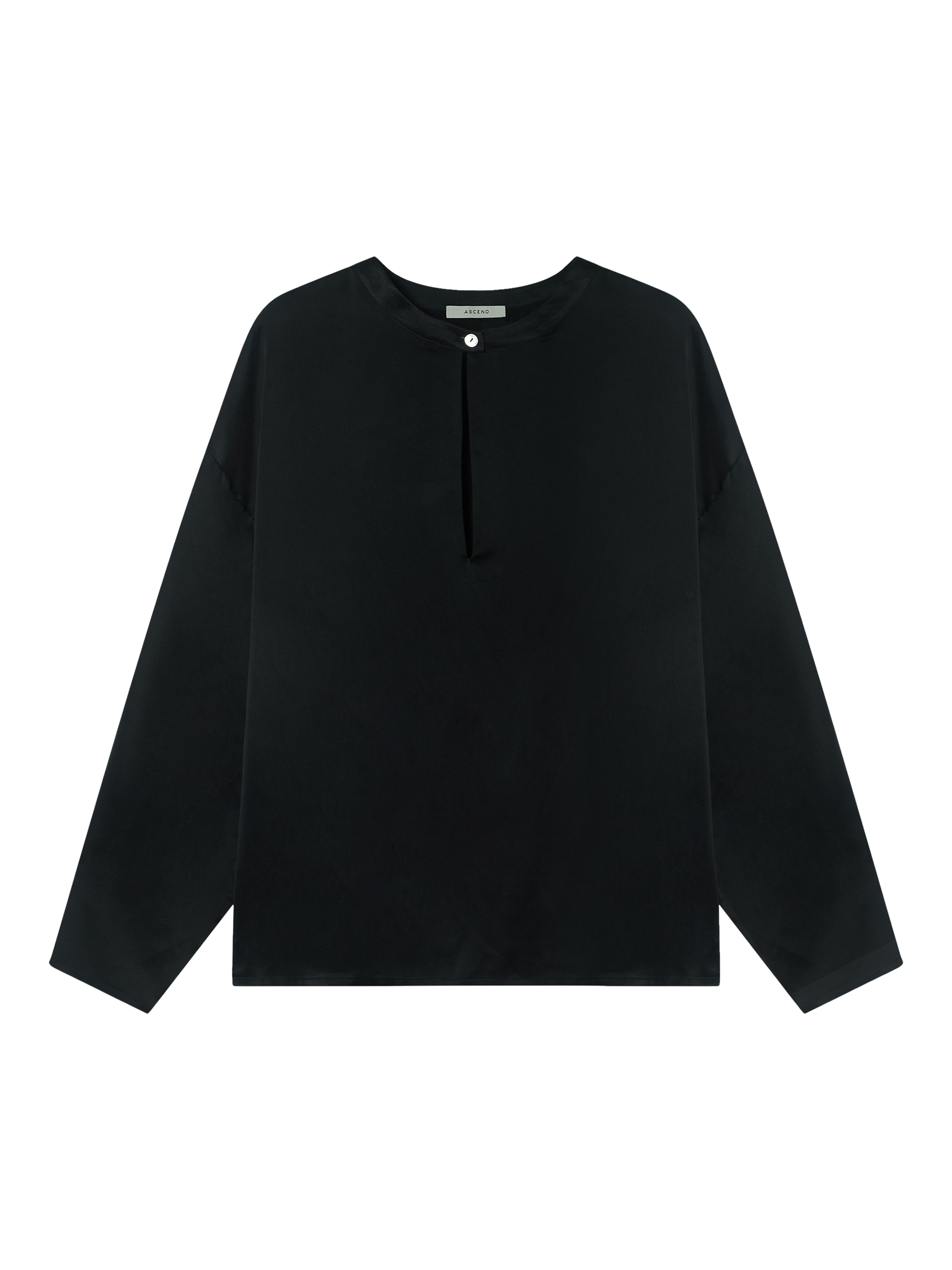 Product image 4 of 6, which shows ASCENO Keyhole Fluted Sleeve Pure Silk Top, Black, S