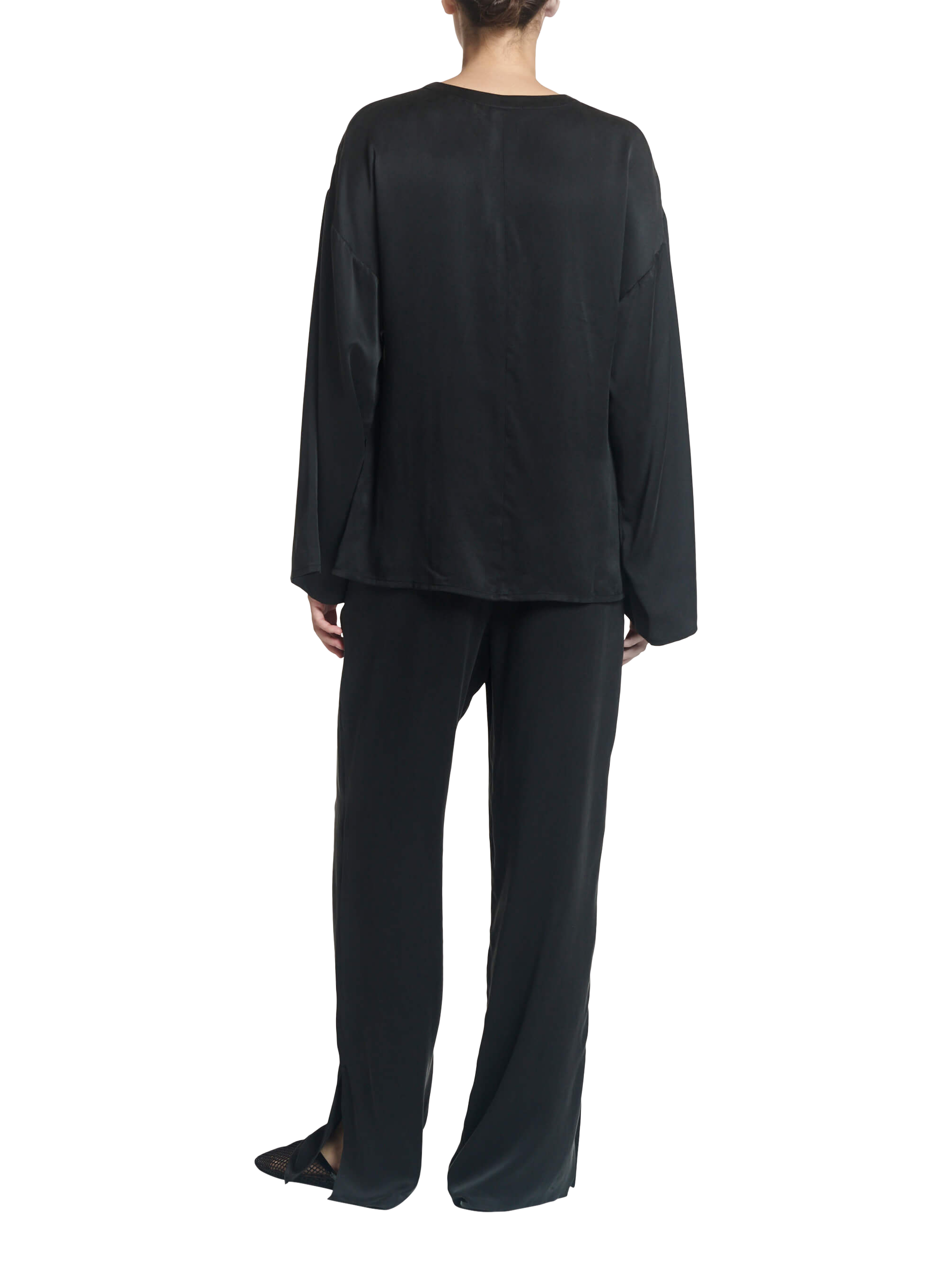 Product image 5 of 6, which shows ASCENO Keyhole Fluted Sleeve Pure Silk Top, Black, S