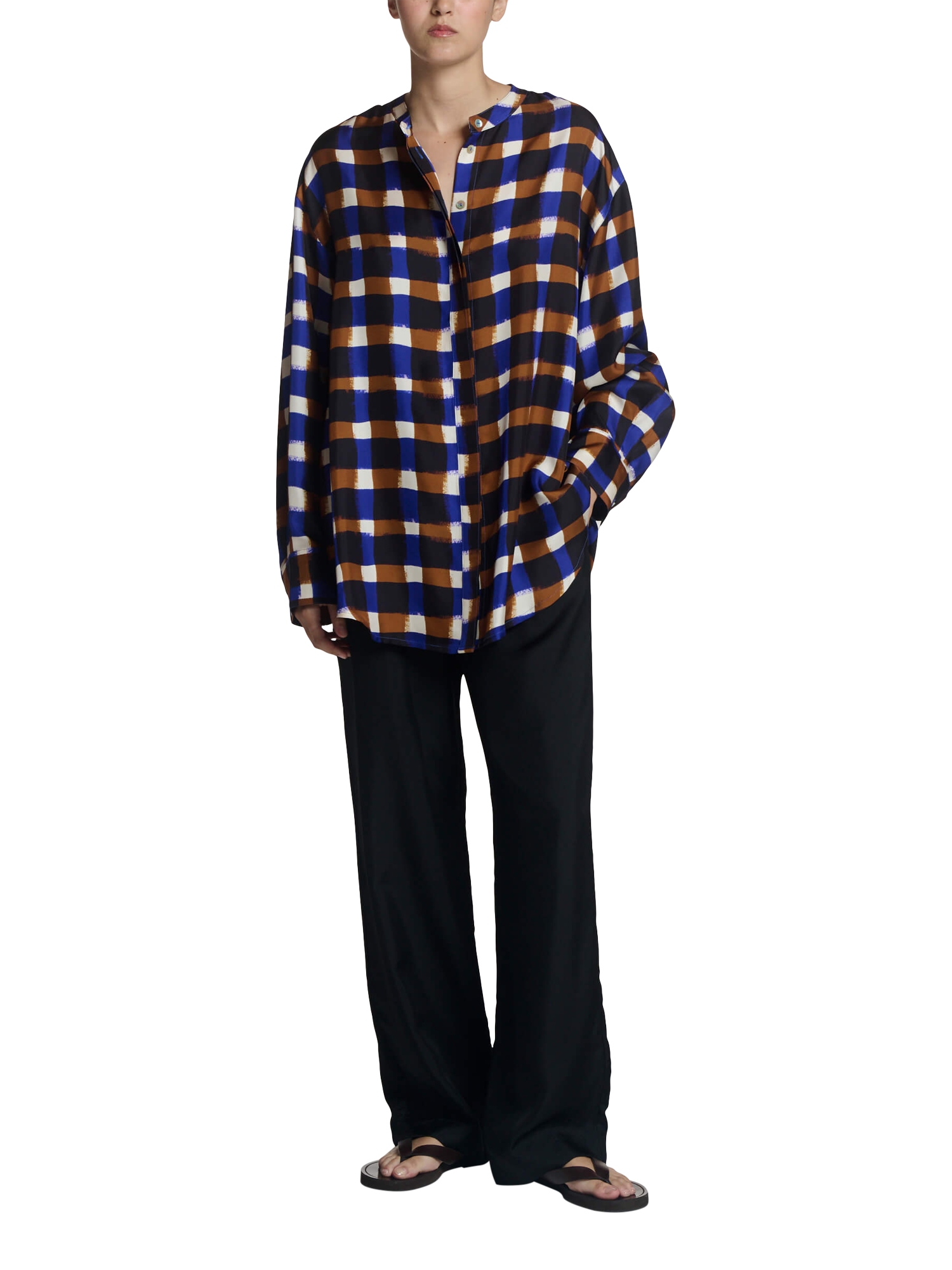 Product image 1 of 7, which shows ASCENO Painted Check Grandad Collar Pure Silk Shirt, Multi, S