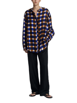 ASCENO Painted Check Grandad Collar Pure Silk Shirt, Multi, Multi