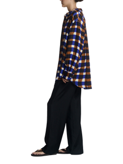 ASCENO Painted Check Grandad Collar Pure Silk Shirt, Multi - view 2, Multi