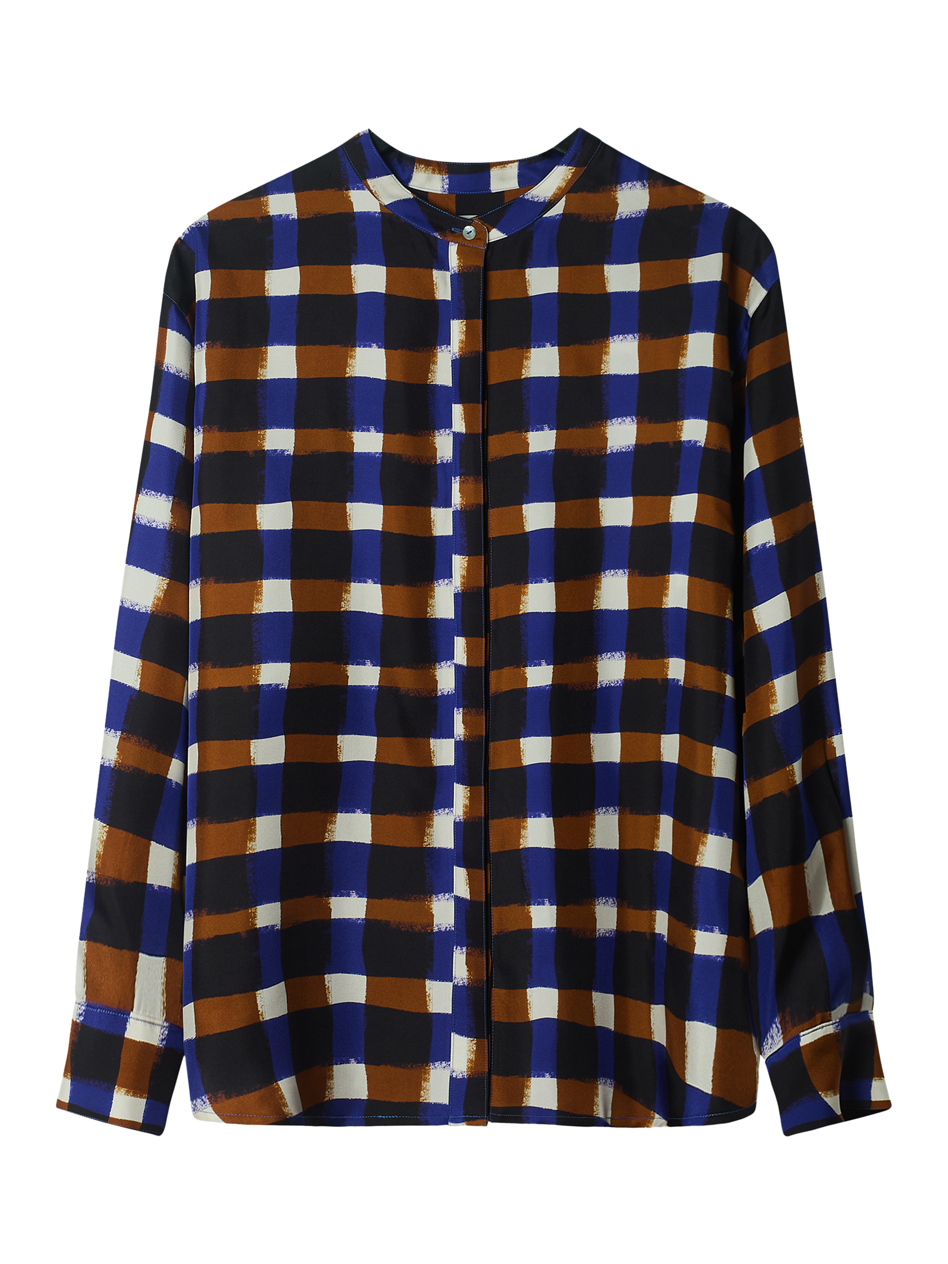 Product image 4 of 7, which shows ASCENO Painted Check Grandad Collar Pure Silk Shirt, Multi, S