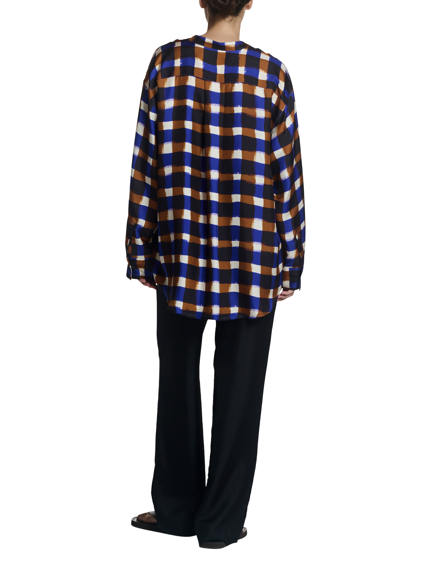 Product image 5 of 7, which shows ASCENO Painted Check Grandad Collar Pure Silk Shirt, Multi, S