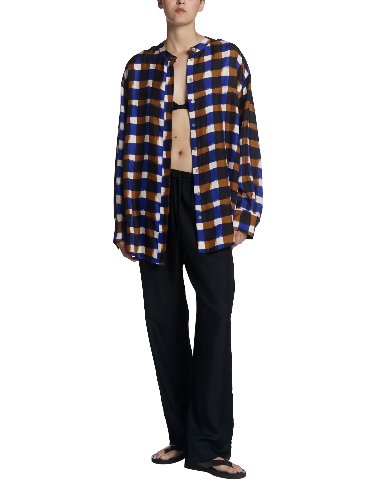 Product image 6 of 7, which shows ASCENO Painted Check Grandad Collar Pure Silk Shirt, Multi, S