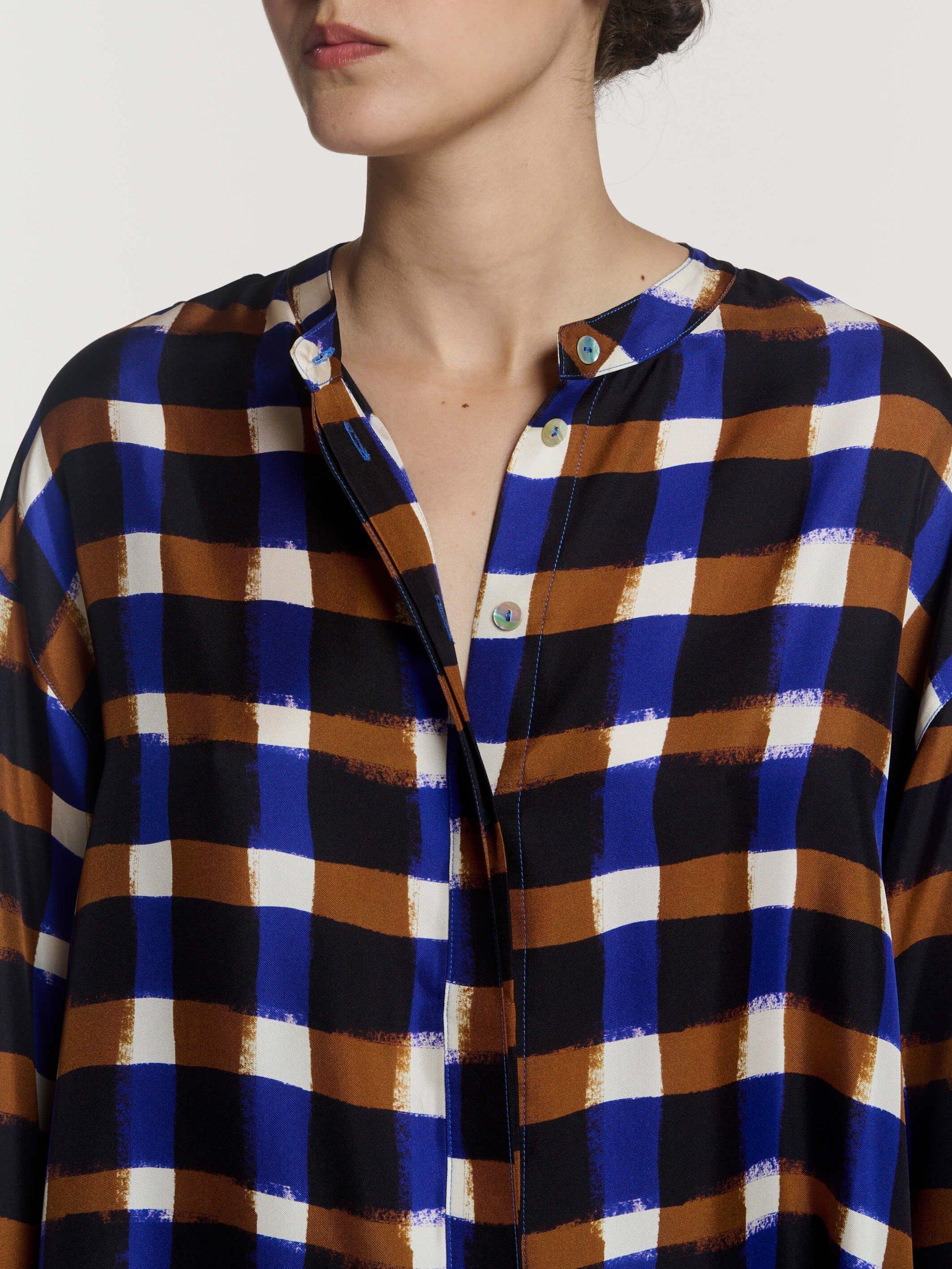 Product image 7 of 7, which shows ASCENO Painted Check Grandad Collar Pure Silk Shirt, Multi, S
