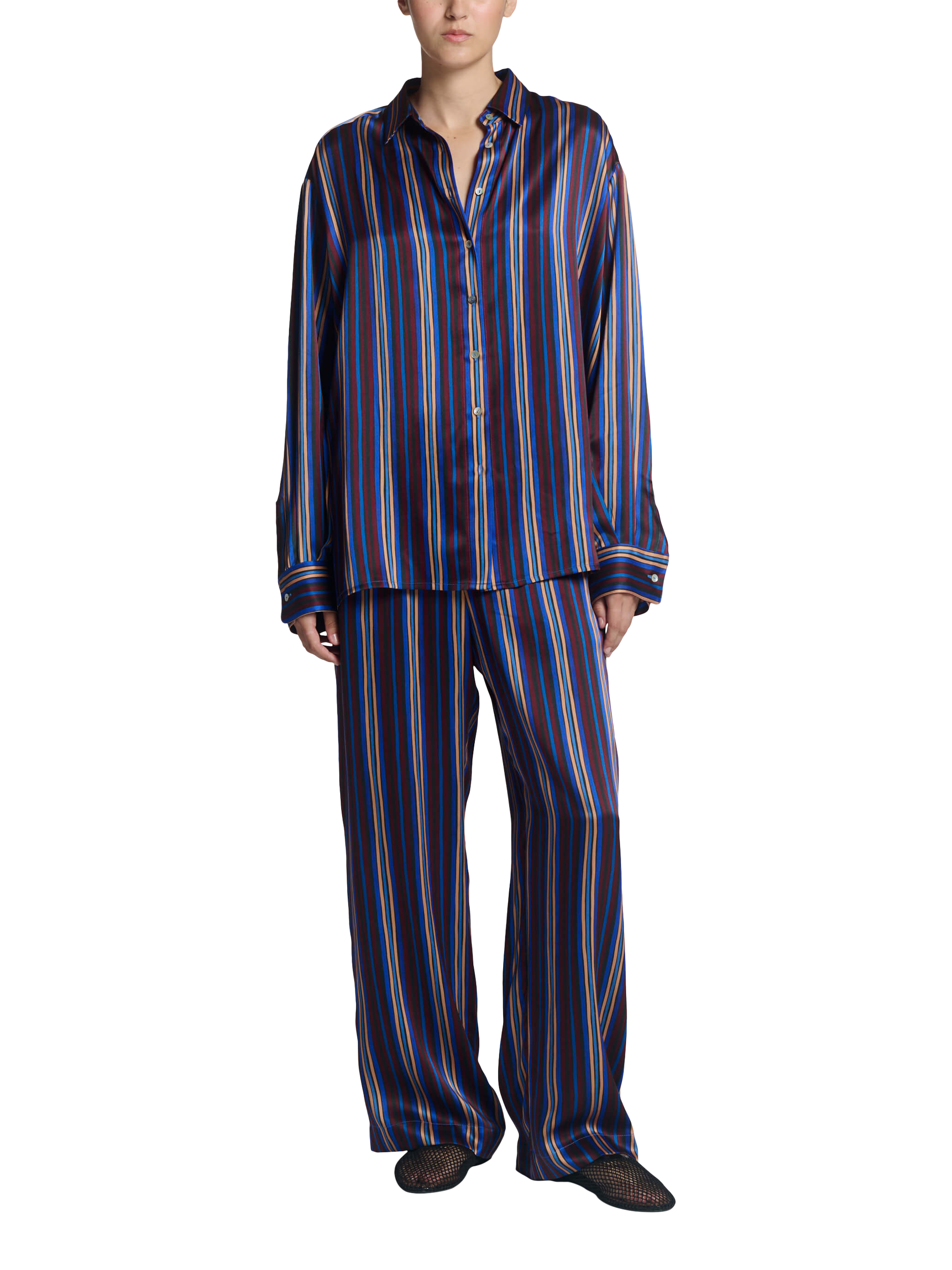 Product image 1 of 6, which shows ASCENO Rosa Stripe Pure Silk Trousers, Multi, S