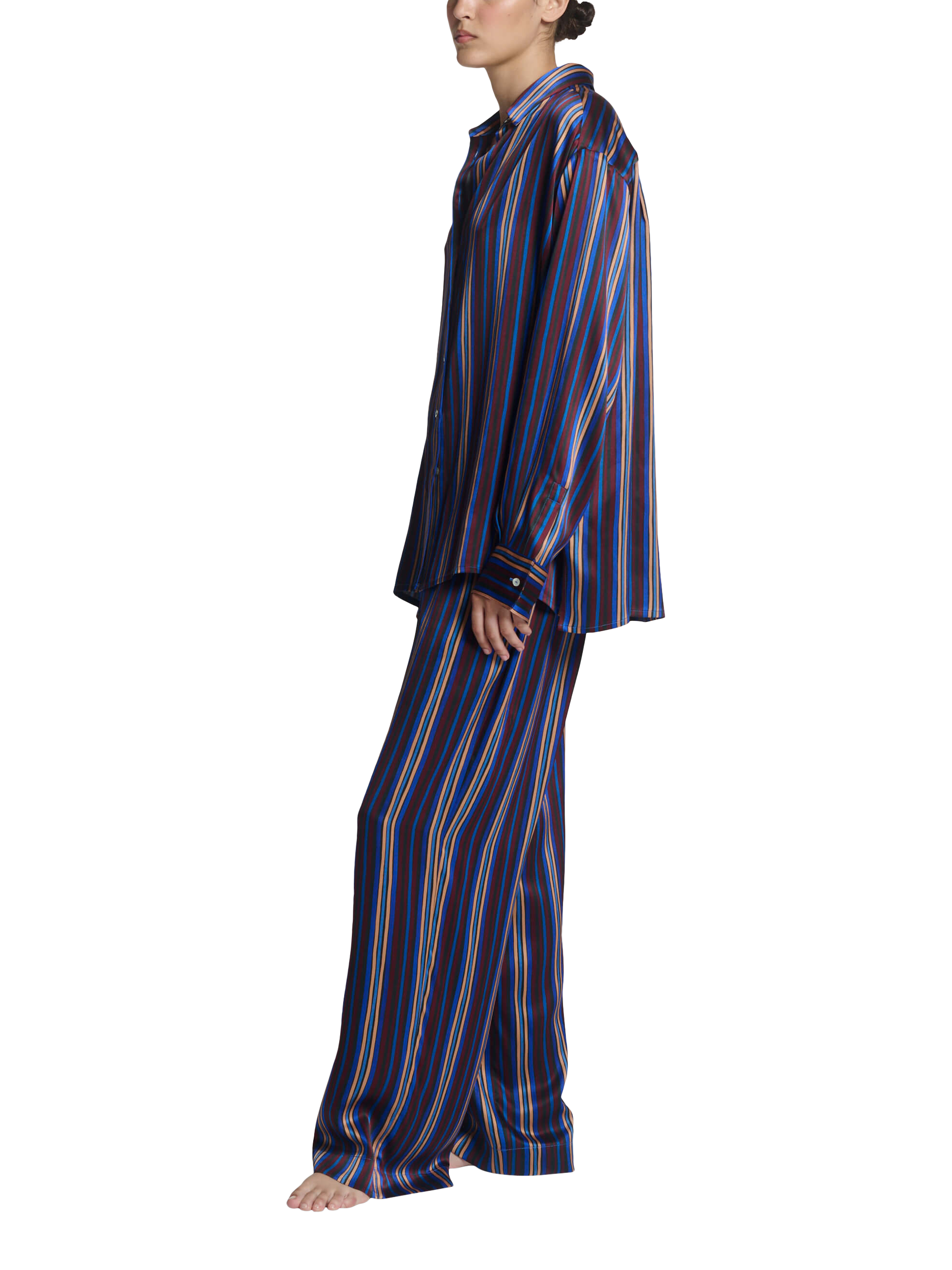Product image 2 of 6, which shows ASCENO Rosa Stripe Pure Silk Trousers, Multi, S