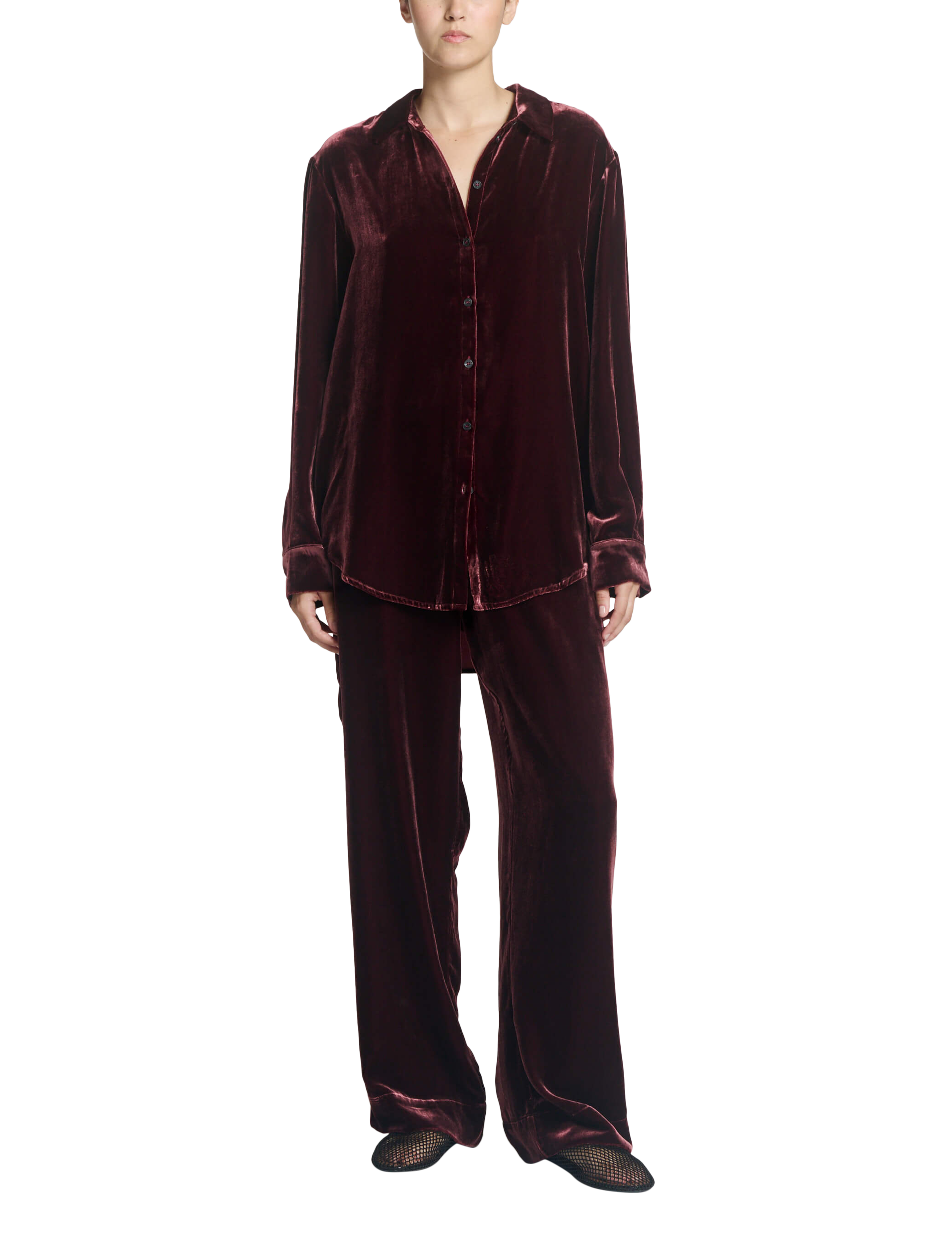 Product image 2 of 6, which shows ASCENO London Velvet Trousers, Maroon, S