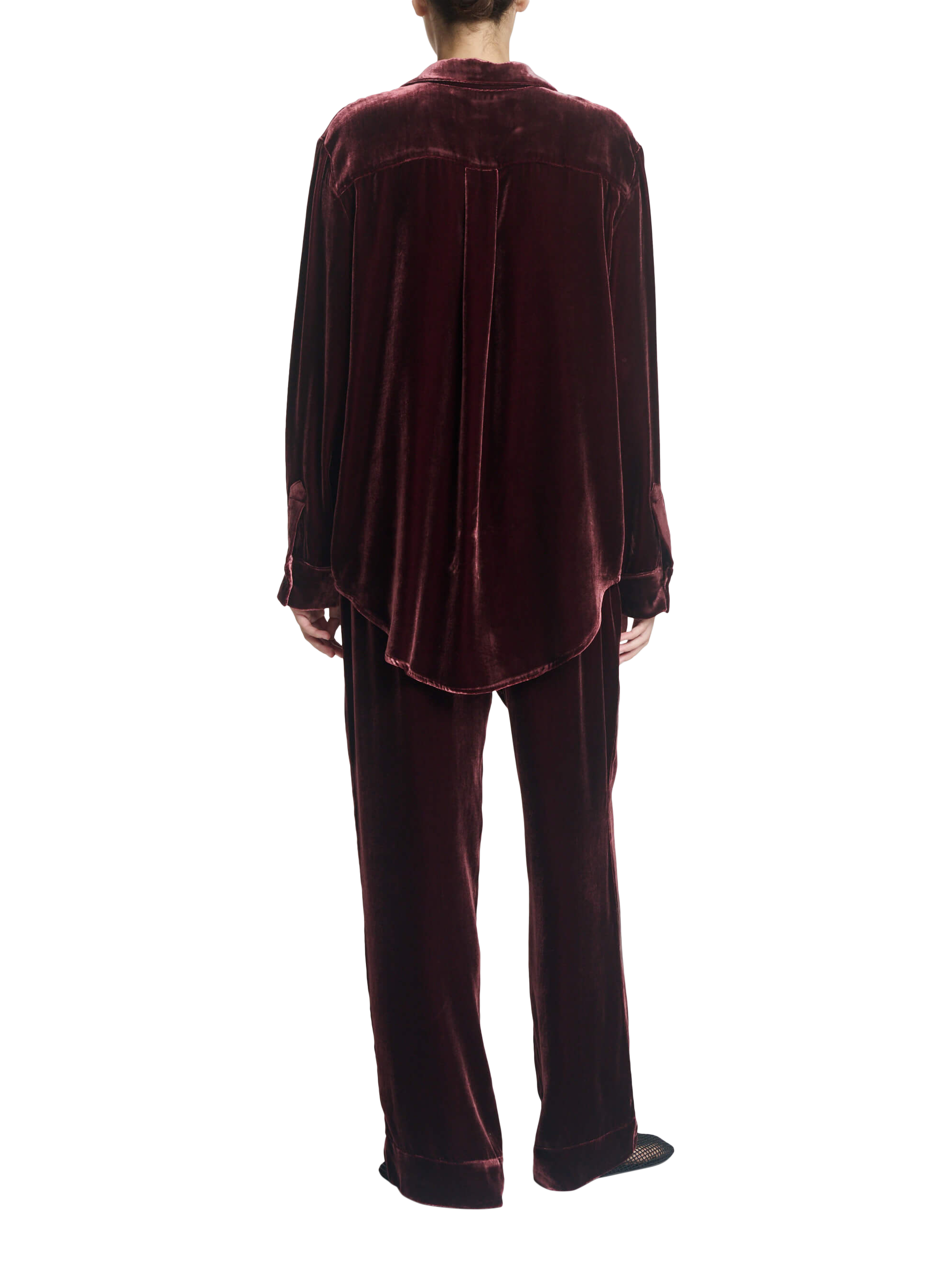 Product image 4 of 6, which shows ASCENO London Velvet Trousers, Maroon, S