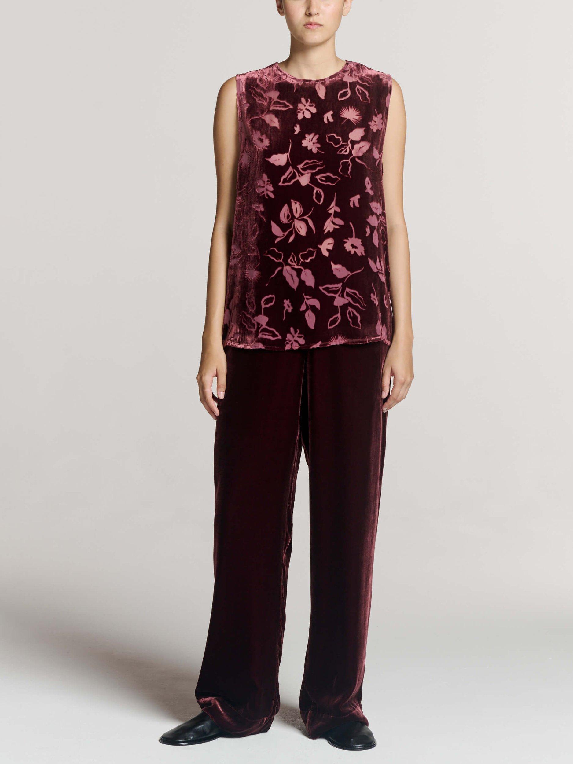 Product image 6 of 6, which shows ASCENO London Velvet Trousers, Maroon, S
