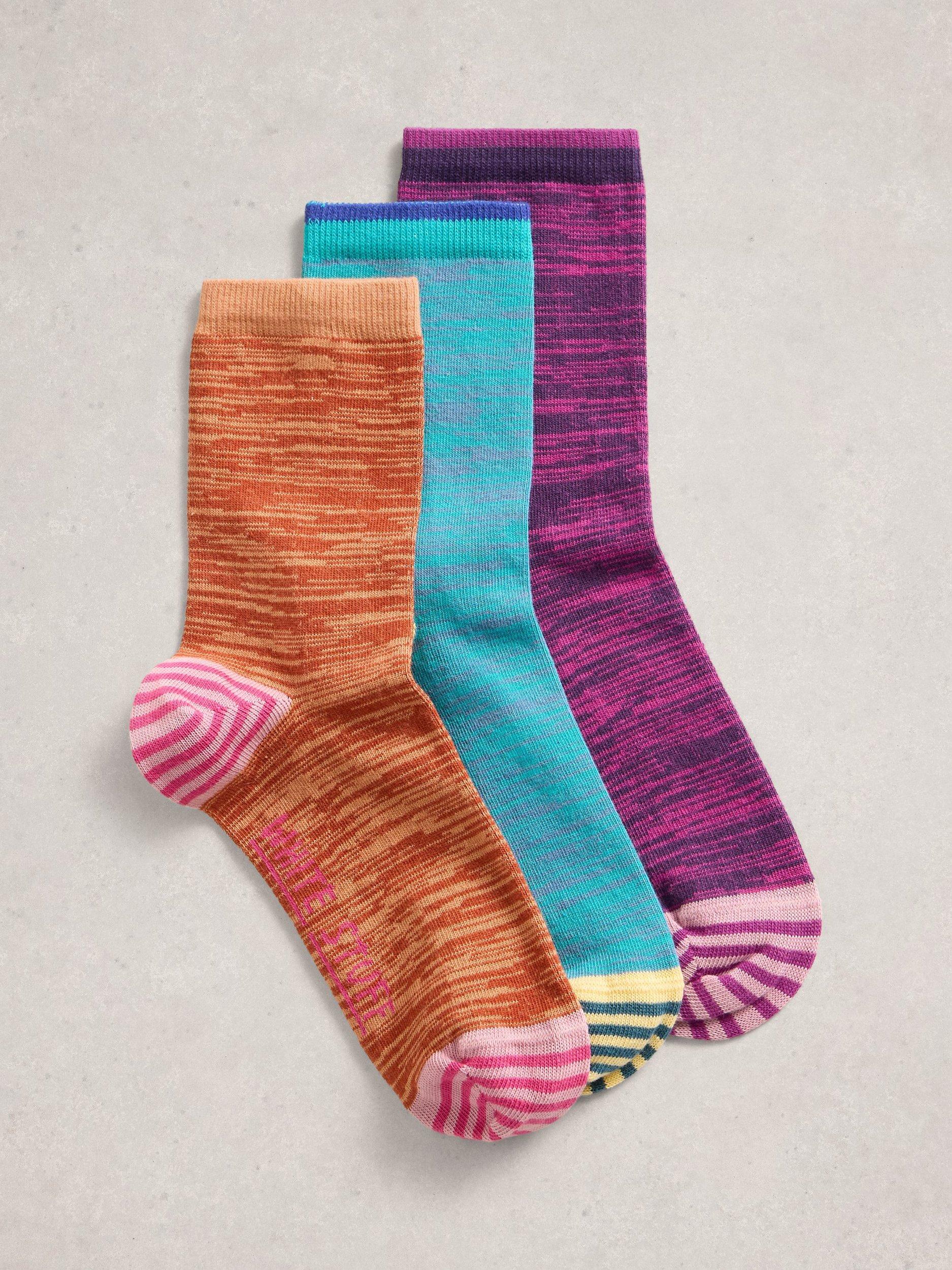 Product image 1 of 2, which shows White Stuff Spacedye Ankle Socks, Pack of 3, Turquoise/Multi, 3-5.5