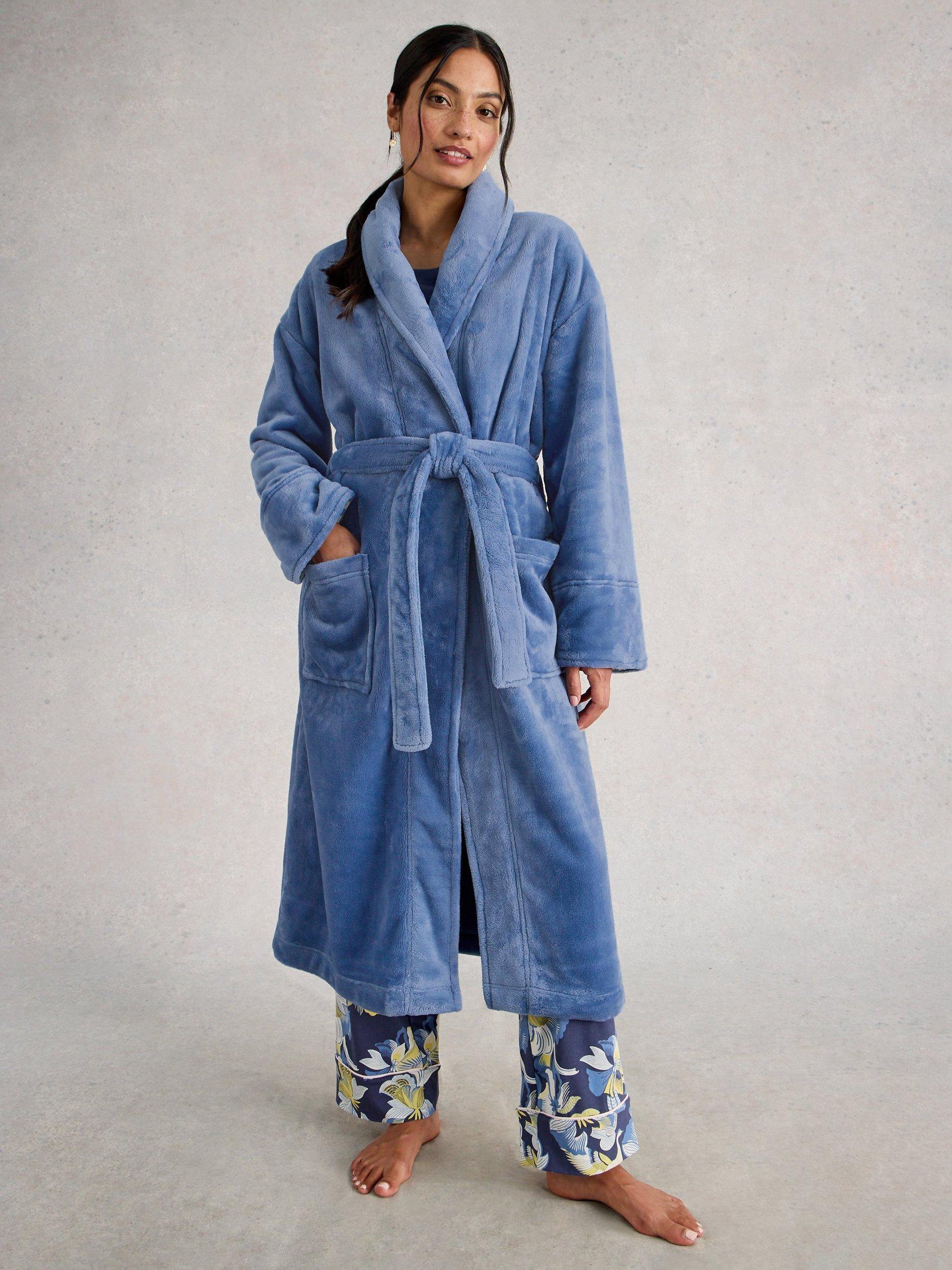Product image 1 of 6, which shows White Stuff Clover Cosy Shawl Neck Dressing Gown, Light Blue, M