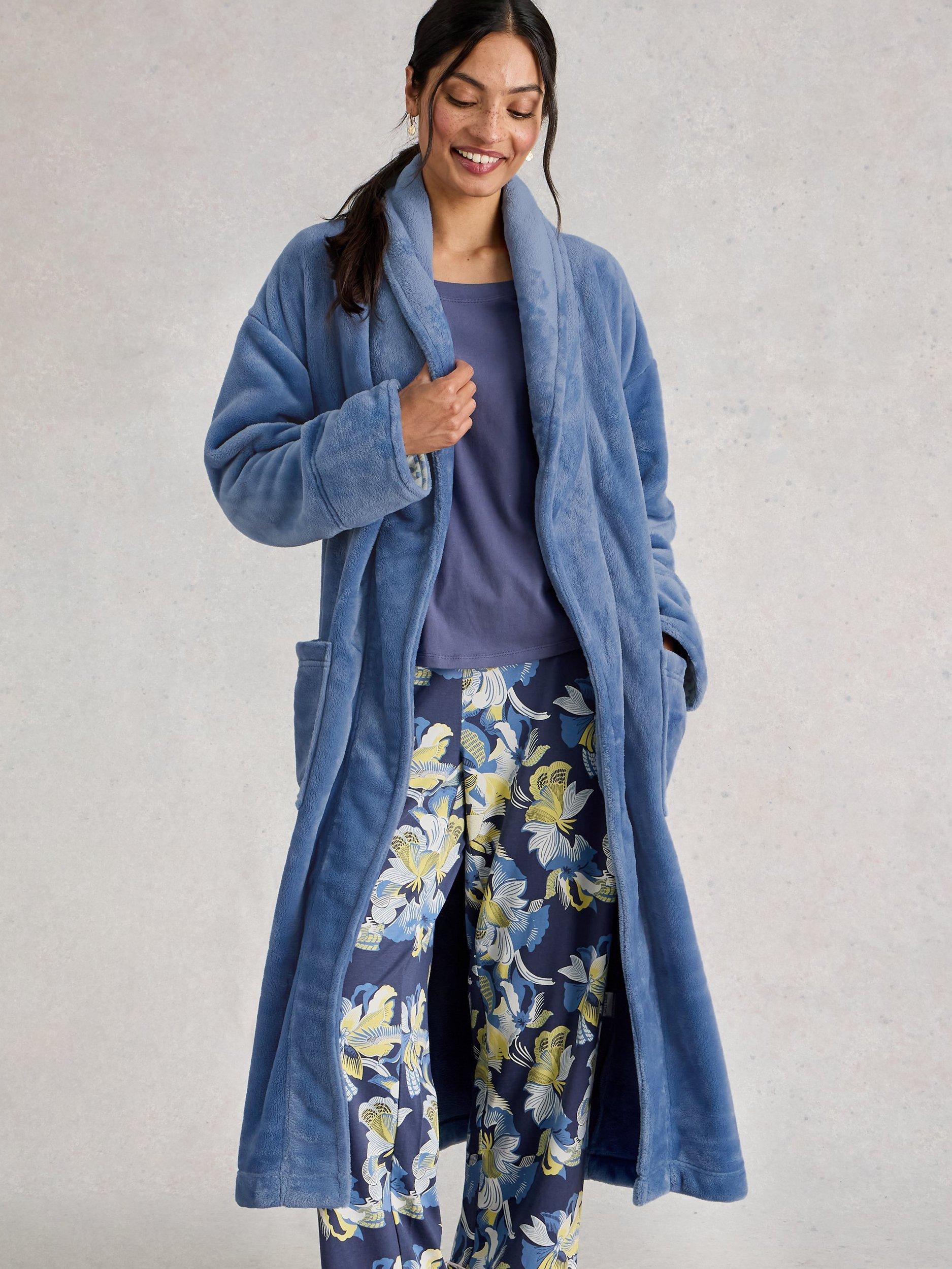 Product image 3 of 6, which shows White Stuff Clover Cosy Shawl Neck Dressing Gown, Light Blue, M