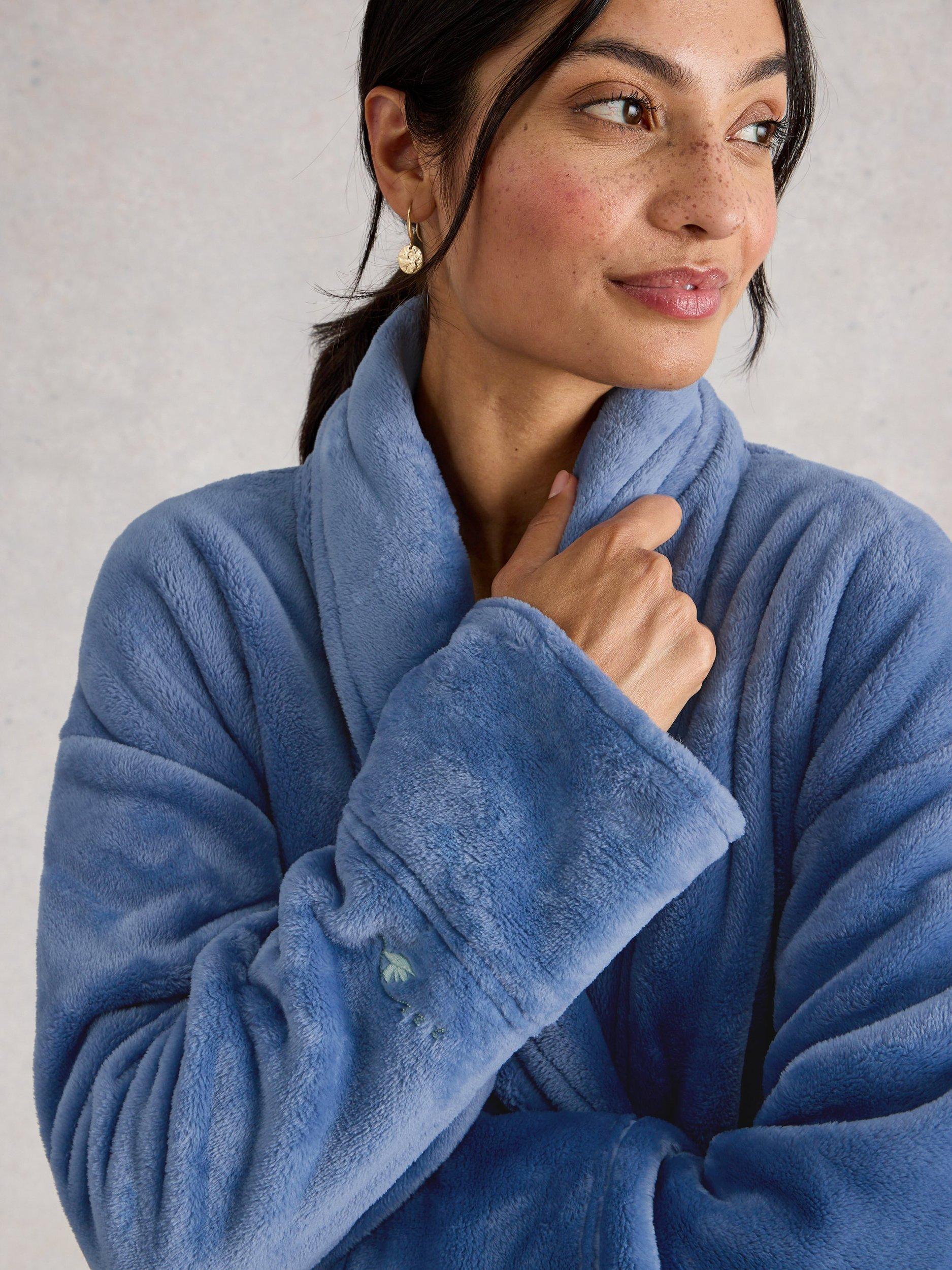 Product image 4 of 6, which shows White Stuff Clover Cosy Shawl Neck Dressing Gown, Light Blue, M