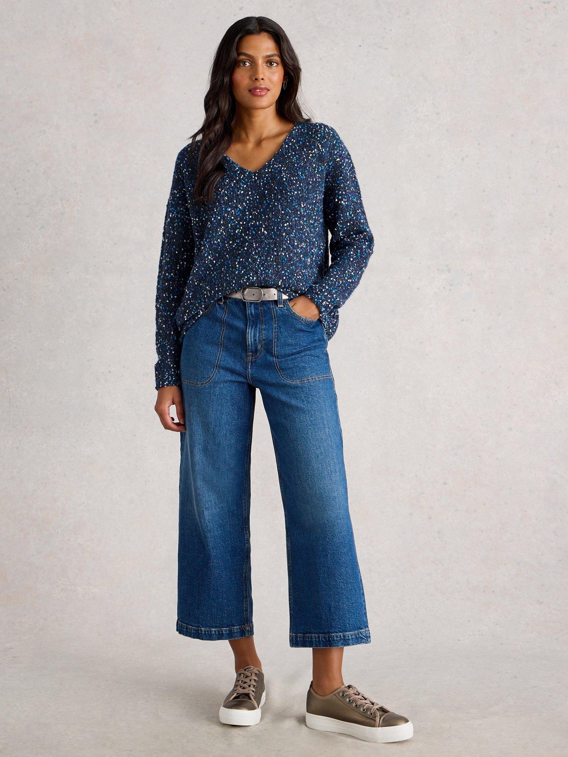 Product image 1 of 6, which shows White Stuff V-Neck Textured Jumper, Dark Navy, 10