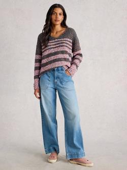 White Stuff Textured Stripe V-Neck Jumper, Grey/Multi, Grey/Multi