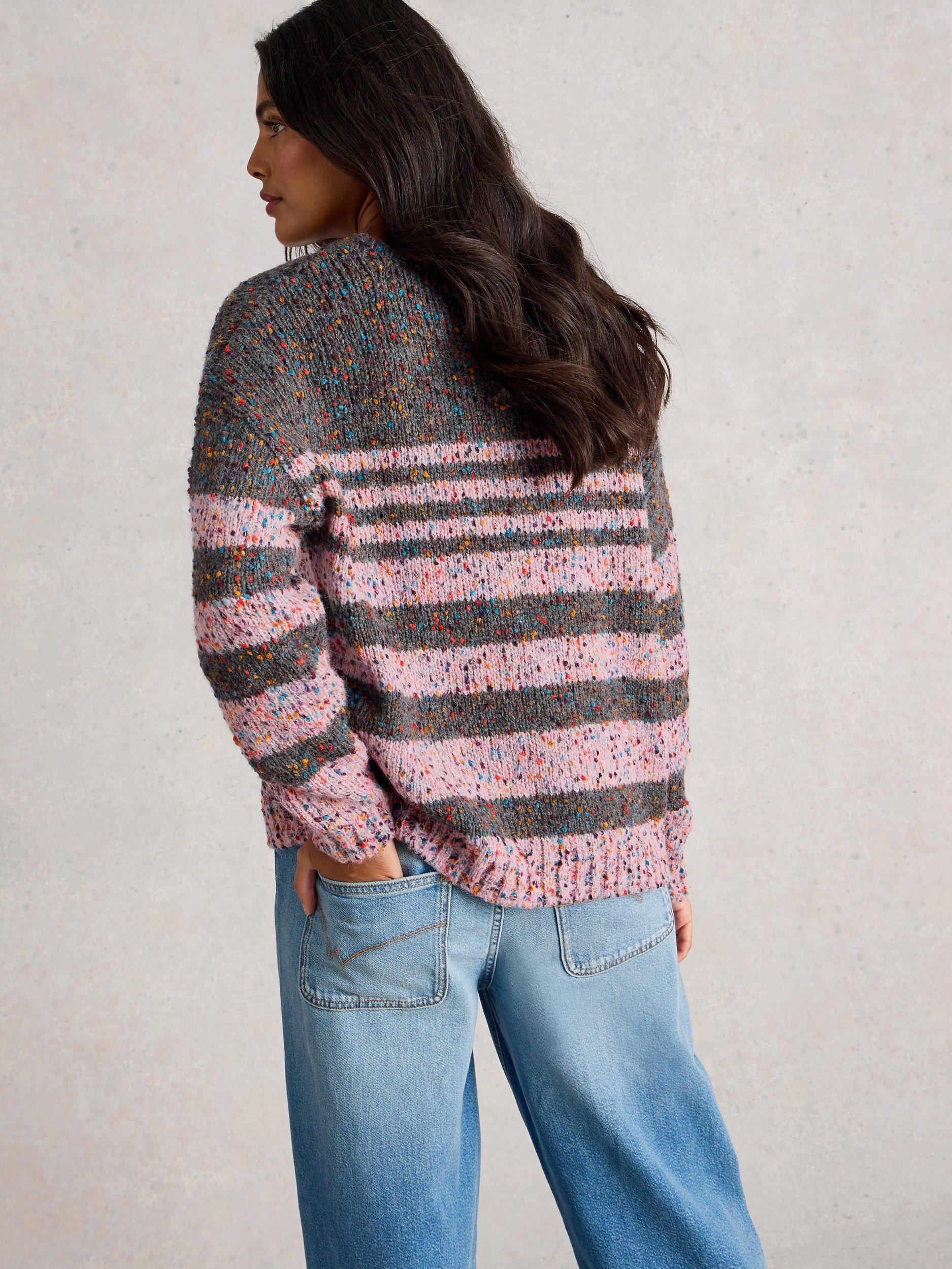 Product image 2 of 6, which shows White Stuff Textured Stripe V-Neck Jumper, Grey/Multi, 18