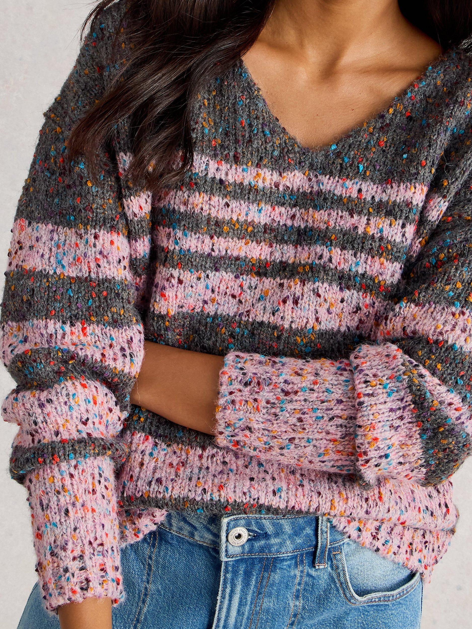 Product image 3 of 6, which shows White Stuff Textured Stripe V-Neck Jumper, Grey/Multi, 18